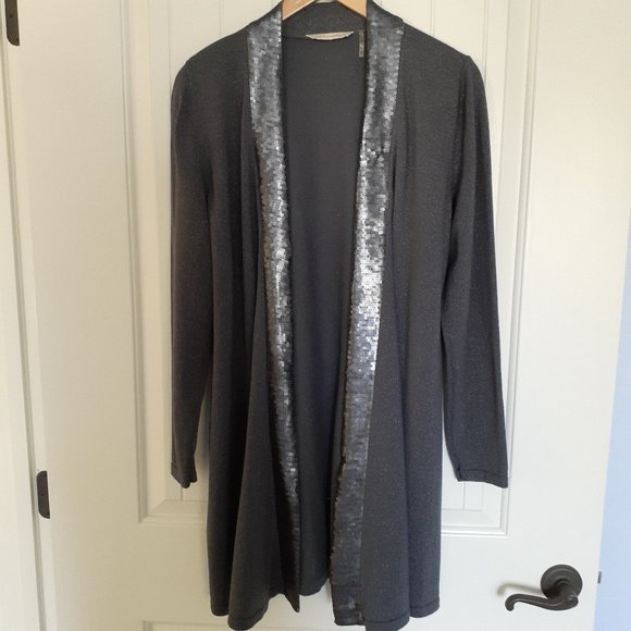 Soft Surroundings Metallic Shimmer Knit Open Cardigan Sequin Trim Gray Size L - Picture 1 of 12